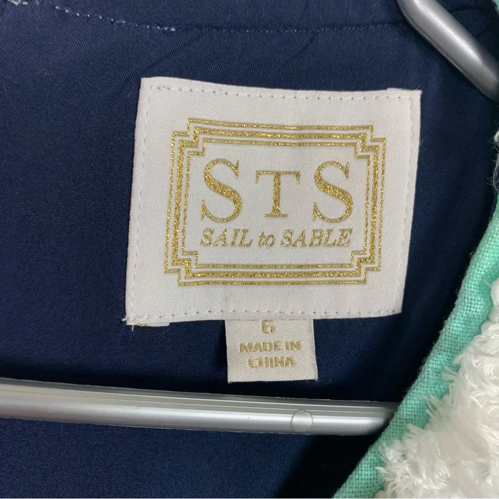 STS Sail to sable navy Linen Shift Dress with Fringe Trim size 6 cruise nautical - Picture 3 of 9